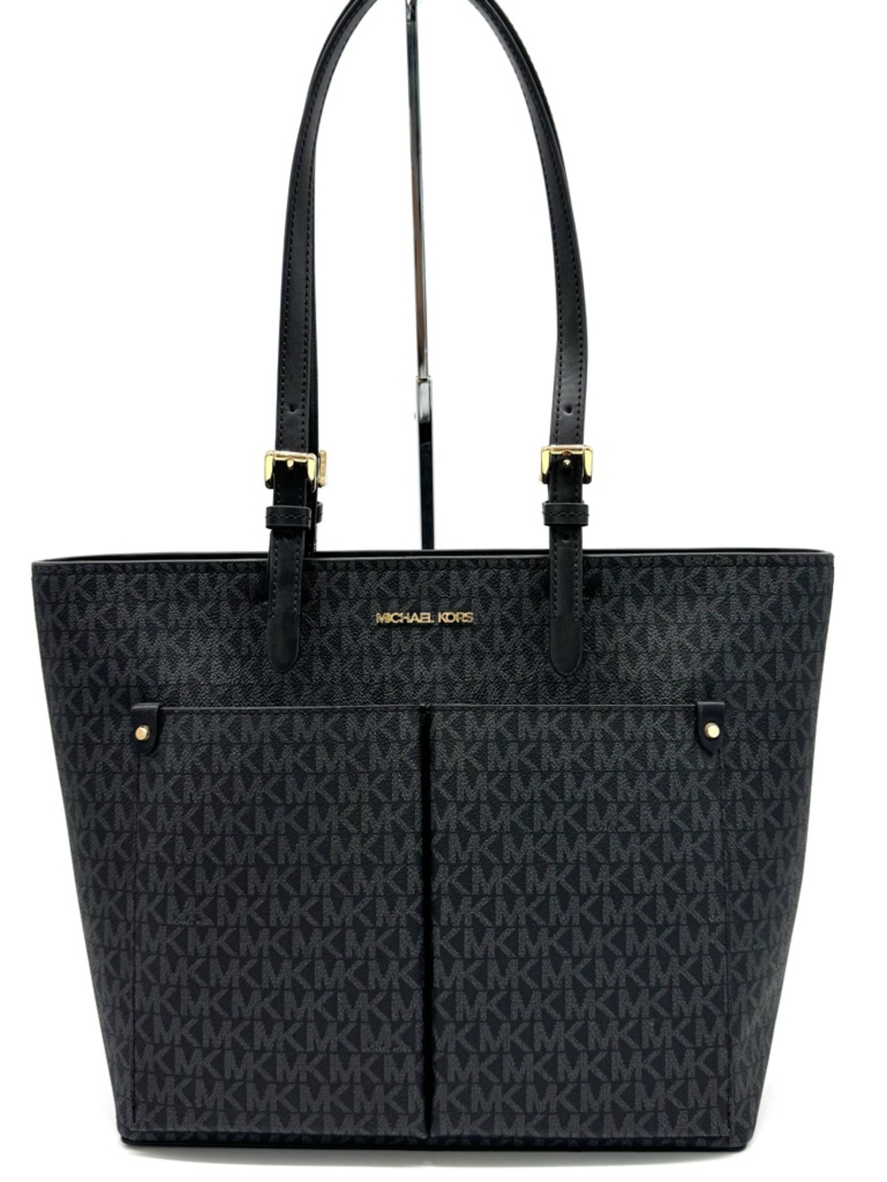 Michael Kors Jet Set Medium Double Pocket Tote Bag Black Signature
